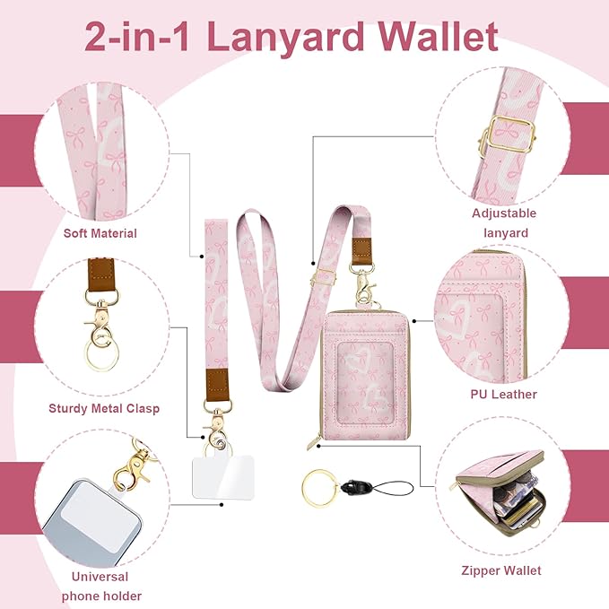 ID Badge Holder with Lanyard Leather with 1 Zip Pocket and 3 Card Slots Keychain Phone Lanyard Wrist Strap, RFID Blocking, for Office School Business Security Staff Women-Polka Dot Bow