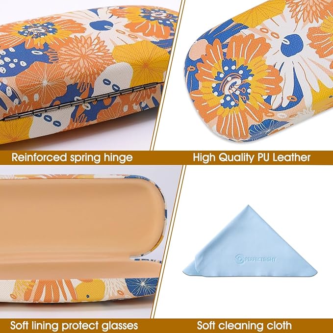 PERFECTSIGHT Hard Shell Eyeglasses Case, PU Leather Protective Glasses Case, Cute Eyeglass Case for Women Men Girls
