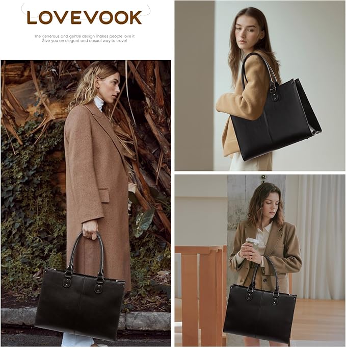 LOVEVOOK Laptop Tote Bag for Women, 17.3 Inch Large Capacity Vintage Leather Work Computer Bag, Business Casual Shoulder Handbag, Black
