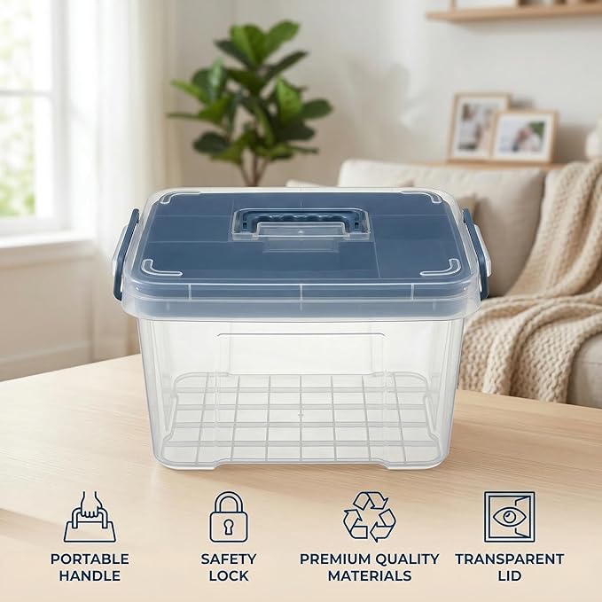Pulseplay Clear Medicine Organizer Box with Handle Medicine Cabinet Organizer with Removable Tray First Aid Box Empty for Home Travel Outdoor (Blue)