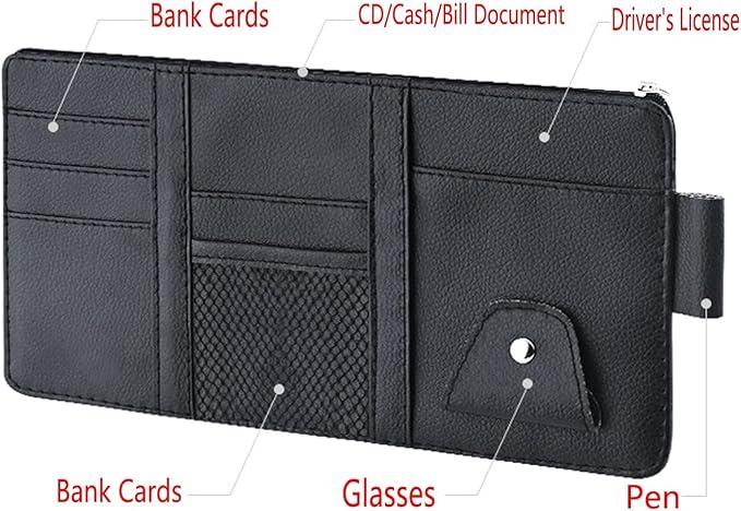 Black Leather Car Sun Visor Organizer, Sunglasses Holder for Car Sun Visor, Auto Visor Storage Document Holder with Multi Pocket