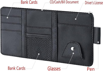 Black Leather Car Sun Visor Organizer, Sunglasses Holder for Car Sun Visor, Auto Visor Storage Document Holder with Multi Pocket