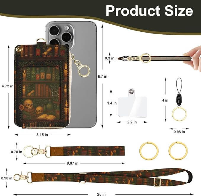 Goth Bookshelf Skull Lanyard Wallet with ID Badge Holder, Small RFID Wallet Women Keychain Wristlet, PU Leather Credit Card Holder with Zipper Pocket Phone Lanyard Wrist Strap for Office Business