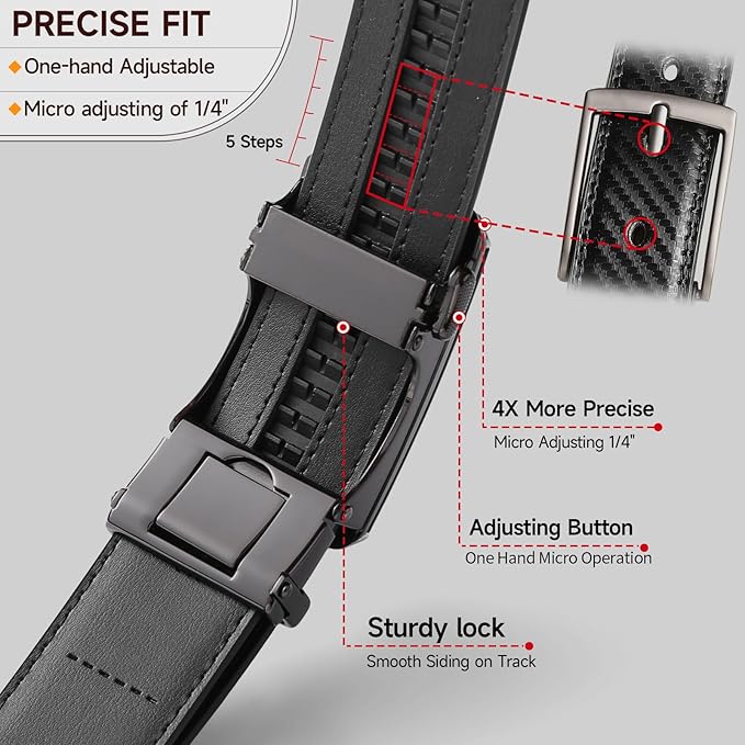 GAEKEAO Ratchet Belts for Men Dress Casual 1 3/12" Adjustable Genuine Leather Slide Buckle Designer Belt with Box Trim to Fit