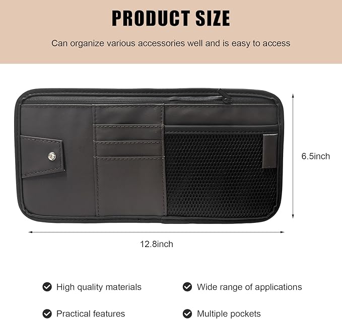 Car Sun Visor Organizer, PU Leather Multi-Pocket Visor Storage Pouch with Zipper, Auto Interior Document Holder Sunvisor Card Sleeve Pocket Organizer for Driving License Pen Key (Brown)