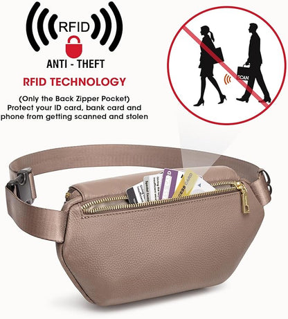 Kattee Fanny Packs for Women, Leather Crossbody Bags for Women Trendy, Small Belt Bag,Fashion Waist Packs with RFID Blocking, Khaki