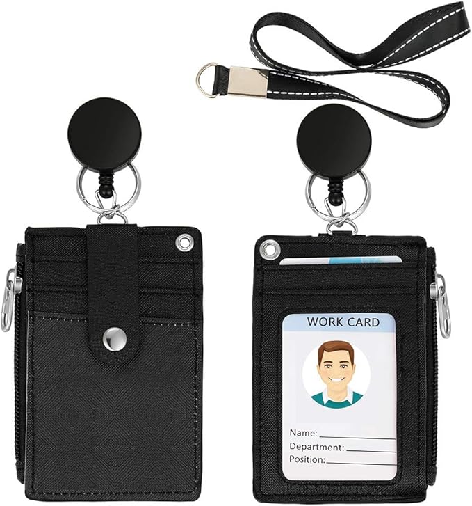 【2025 Latest】 Cute ID Badge Holder Retractable Lanyard Reel Clip with Heavy Duty Carabiner, 5 Card Slots in 2 Sided with Key Ring and Zipper for Students Teens Boys Girls Office Staff Women (Black)