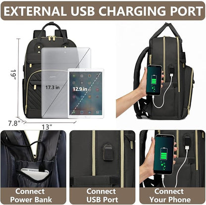 Laptop Backpack for Women Work Bag - Fits 17.3 Inch Laptop Bag Travel Work Backpack Anti-theft Bags with USB Charging Business Computer Waterproof Backpack Purse for Nurse Teacher Black