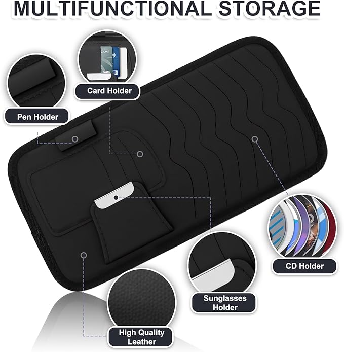 Black Car CD Holder, Leather Car Visor Organizer Sun Visor Case Holders Multi-Function DVD Vehicle Visors Storage Organizer Cars Visors Holders with Storage, Eyeglassclip, Card Slots & Pen