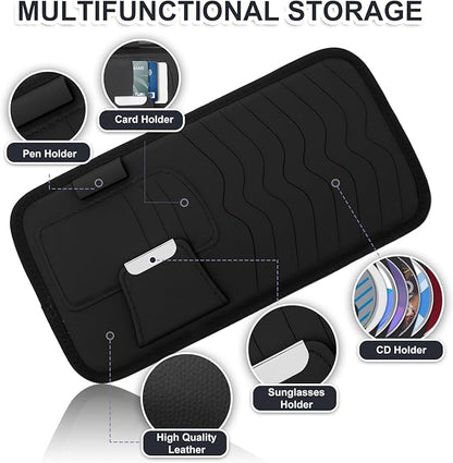Black Car CD Holder, Leather Car Visor Organizer Sun Visor Case Holders Multi-Function DVD Vehicle Visors Storage Organizer Cars Visors Holders with Storage, Eyeglassclip, Card Slots & Pen