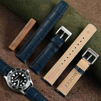 WOCCI Watch Bands, Top Grain Leather, Embossed Alligator Grain, Quick Release, Band Width 18mm 20mm 22mm