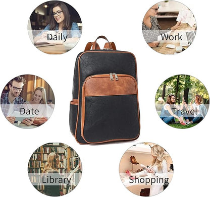 Telena Leather Laptop Backpack for Women Business Casual College Bags Black-Brown