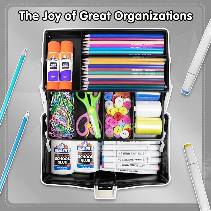 TERGOO 12in Three-Layer Multipurpose Storage Box Organizer Folding Tool Box/Art & Crafts Case/Sewing Supplies Organizer/Medicine Box/Family First Aid Box with 2 Trays (Black)…