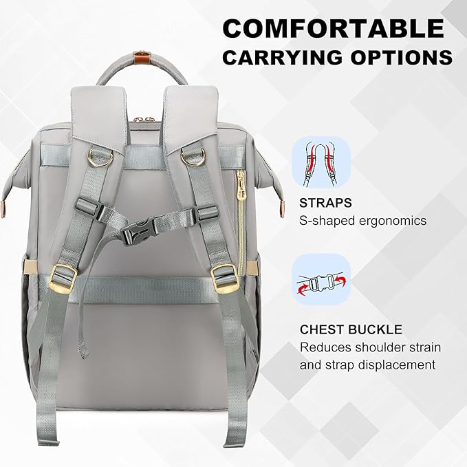 Lunch Backpack, 15.6 inch Laptop Backpack with Insulated Lunch Bag, Backpack Cooler for Women, Large Travel Backpack Lunch Box Compartment, Work Computer Backpack, Teacher College Book Bag, Grey