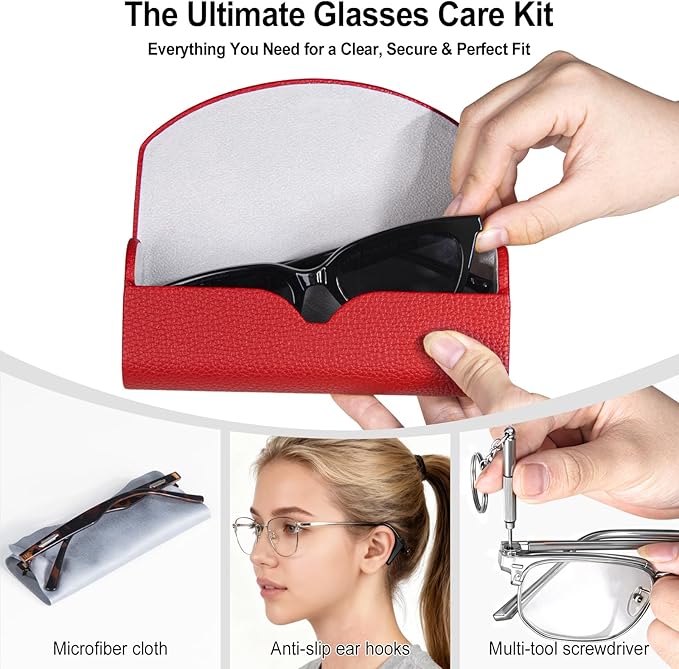 RayLove Ultimate Glasses Case Kit, Hard Shell Sunglasses and Eyeglass Case with Cleaning Cloth, Screwdriver, Ear Hooks