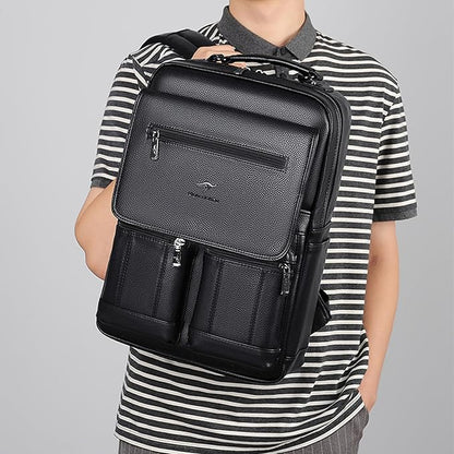 CHAO RAN Leather Laptop Backpack for Men Fit 15.6 Inch Laptop, Business Work Office College Medium Backpack with USB Charging Port, Waterproof Black Travel Bag