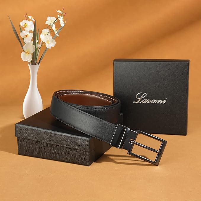 Lavemi Mens Belt Reversible 100% Italian Leather Dress Casual,One Reverse for 2 Colors,Trim to Fit