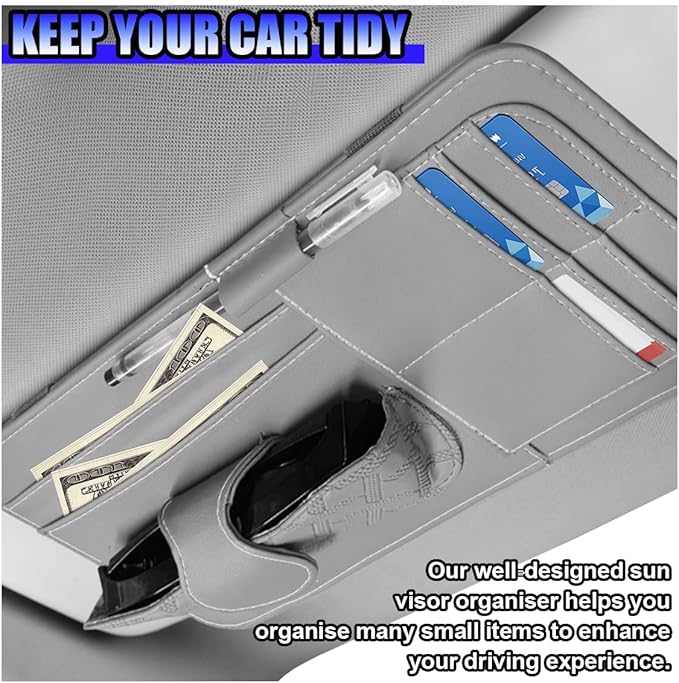 Car Sun Visor Organizer, Vehicle Sunglasses Holder, Automotive Storage Pocket for Pen, Glasses, Ticket, Card, Auto Interior Accessories Pocket for Car, SUV, Truck (Grey)