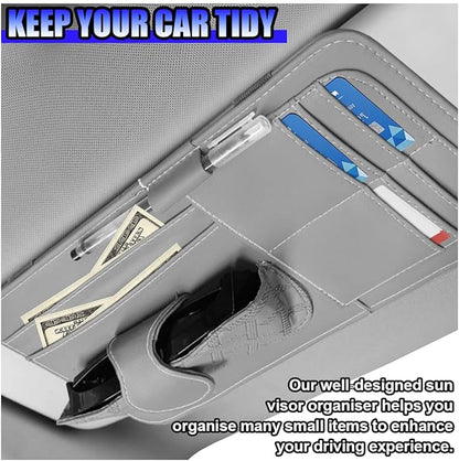Car Sun Visor Organizer, Vehicle Sunglasses Holder, Automotive Storage Pocket for Pen, Glasses, Ticket, Card, Auto Interior Accessories Pocket for Car, SUV, Truck (Grey)