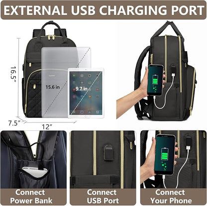 Laptop Backpack for Women Work Bag - 15.6 inch Travel Backpack Purse with USB Charger College Bookbag Waterproof Cute Casual Daypack Fashion Business Computer Backpacks for Teacher Nurse Black