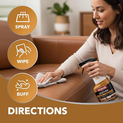 Weiman Leather Cleaner & Conditioner - Cleans, Restores & Protects Leather, UV Protection Prevent Cracking & Fading, For Car Seats, Sofas, Shoes, Bags & All Finished Leather Surfaces, 1 Pack, 12 Fl Oz