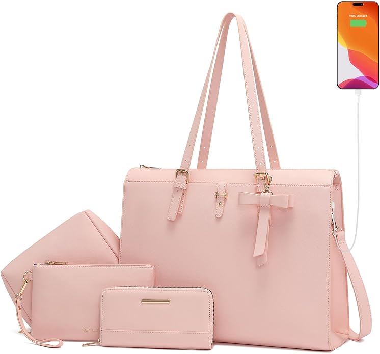Keyli 4pc Sets Laptop Bag for Women Large Leather Laptop Briefcase with USB Charging Port Computer Shoulder tote Bags Purse