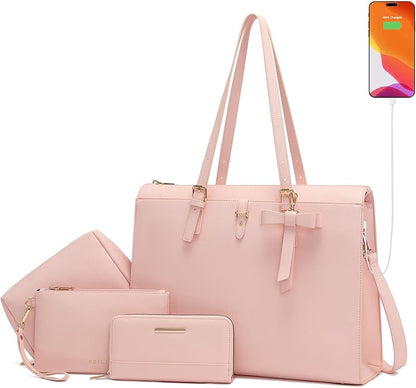 Keyli 4pc Sets Laptop Bag for Women Large Leather Laptop Briefcase with USB Charging Port Computer Shoulder tote Bags Purse