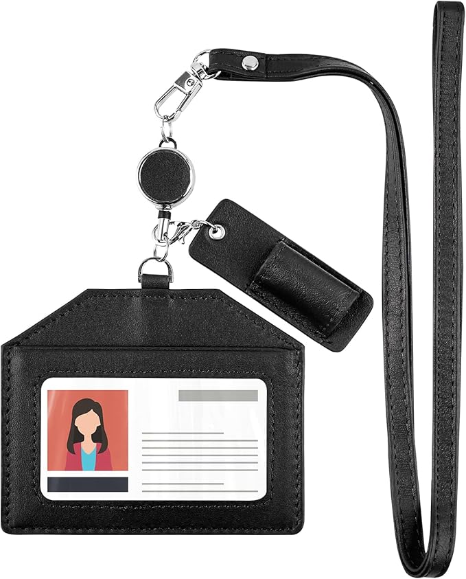 Office Badge Holder - Boshiho Genuine Leather Credit ID Card Holder with Stretch Neck Lanyard Horizontal Style (Black)