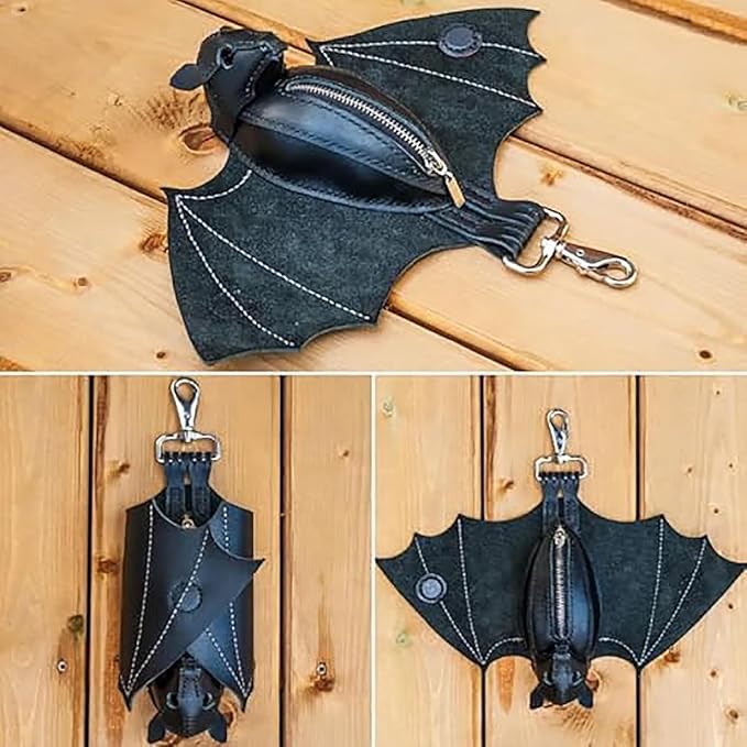 Leather Bat Coin Purse,Handcrafted Leather Bat Coin Purse with Wings,Leather Suede Bat Keychain Wallet for Bags & Belts (3pcs)