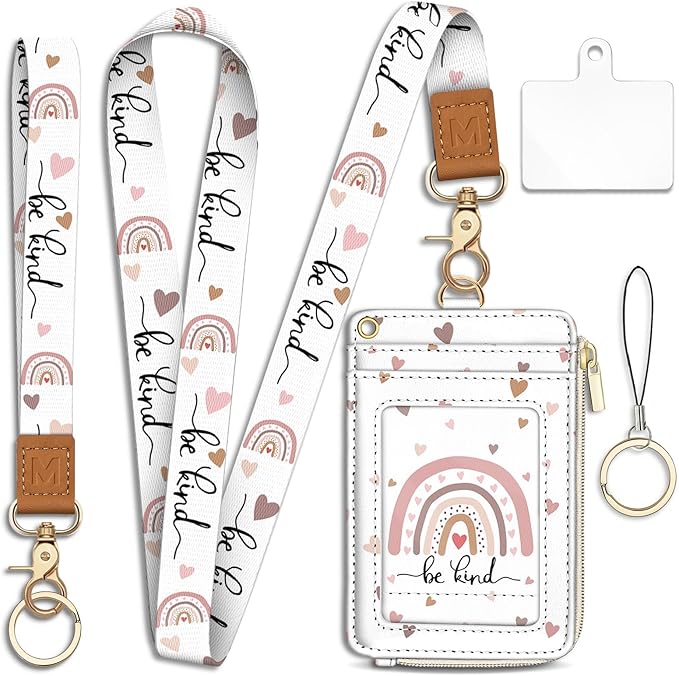 Be Kind Rainbow Lanyard Wallet with ID Badge Holder, Cute Small RFID Wallet Women Keychain Wristlet, Slim Credit Card Holder with Zipper Pocket Phone Lanyard Wrist Strap Name Tag Office Teacher Gift