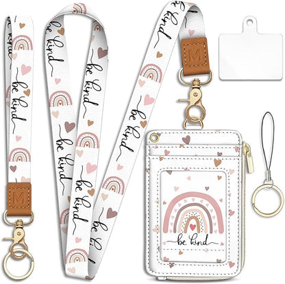 Be Kind Rainbow Lanyard Wallet with ID Badge Holder, Cute Small RFID Wallet Women Keychain Wristlet, Slim Credit Card Holder with Zipper Pocket Phone Lanyard Wrist Strap Name Tag Office Teacher Gift