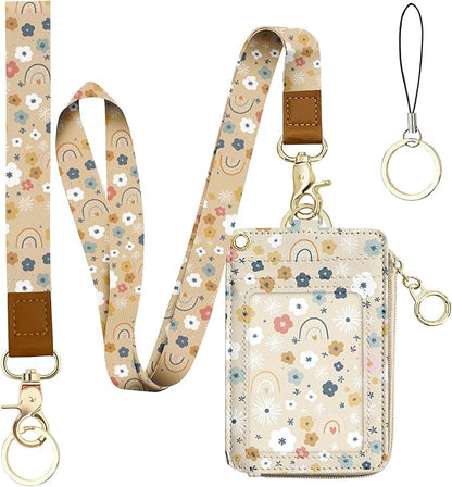 bolimoss Floral Lanyard Wallet & ID Badge Holder 2-in-1, Cute Women Badge Holder with Lanyards, Leather ID Badges Holder for Nurse Teacher Student Office（Flowers Rainbows）