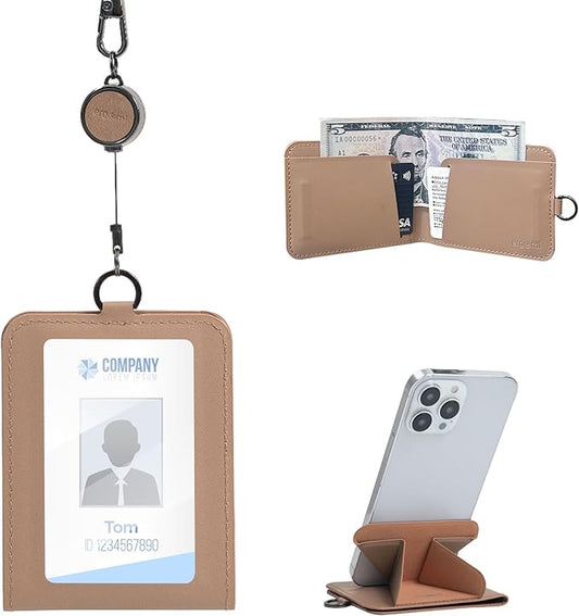 Retractable Badge Holder with 12-inch Lanyard, ID Card Holder Wallet with Phone Stand, Vegan Leather Slim Badge Wallet for Work, Office, Travel – Fits ID, Keycards & Cash – Brown