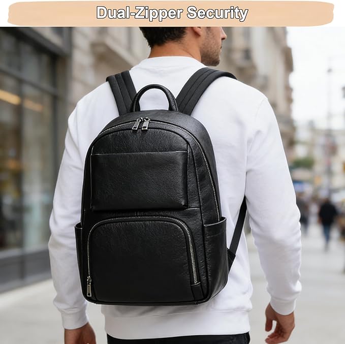 Genuine Leather 15.6 Inch Laptop Backpack for Men, Multi Pocket Casual Daypack Shoulder Bag for Business Travel Outdoor, Black