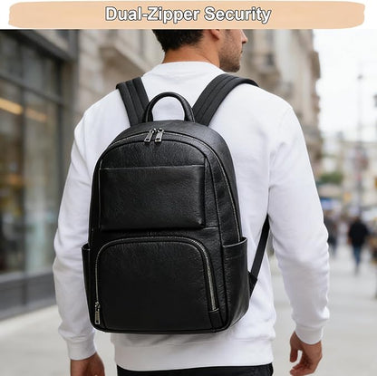 Genuine Leather 15.6 Inch Laptop Backpack for Men, Multi Pocket Casual Daypack Shoulder Bag for Business Travel Outdoor, Black