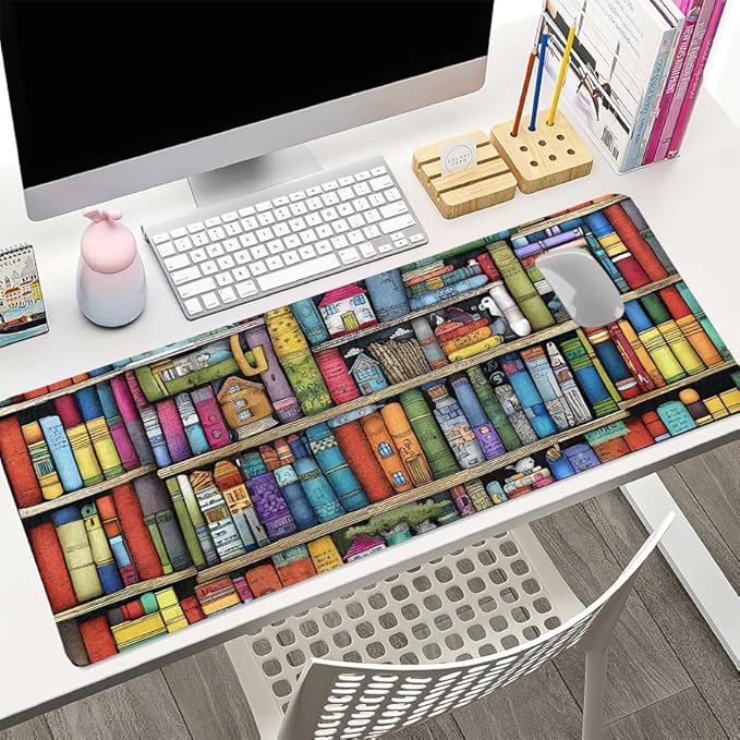 Book Lover's Desk Mat, Large PU Leather Desk Pad with Non-Slip Base, Literary Office Keyboard Mat Ideal Gift for Readers, Gaming & Home Work （31.5 * 15.75in）