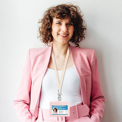 Teskyer Badge Holder with Lanyard, Leather ID Name Badge Card Holder with Lanyard for ID Badges, Horizontal, Lychee Pattern Light Pink