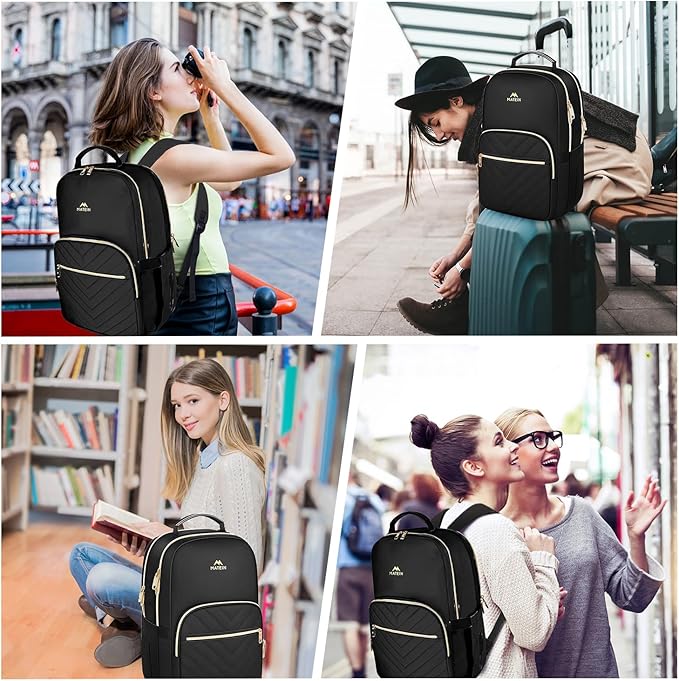 MATEIN Travel Laptop Backpack for Women, Large Water Resistant Nurse Teacher Bookbag, 17 Inch Computer Bag, Stylish Casual Daypack with Leather Handle, Perfect for Office Travel, Black