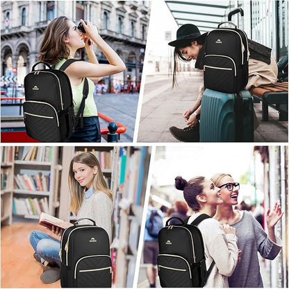 MATEIN Travel Laptop Backpack for Women, Large Water Resistant Nurse Teacher Bookbag, 17 Inch Computer Bag, Stylish Casual Daypack with Leather Handle, Perfect for Office Travel, Black
