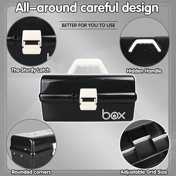TERGOO 12in Three-Layer Multipurpose Storage Box Organizer Folding Tool Box/Art & Crafts Case/Sewing Supplies Organizer/Medicine Box/Family First Aid Box with 2 Trays (Black)…