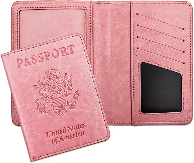 Passport Holder for Travel Essentials RFID Blocking Wallet Card Case PU Leather Passport Cover Women and Men (Pink)