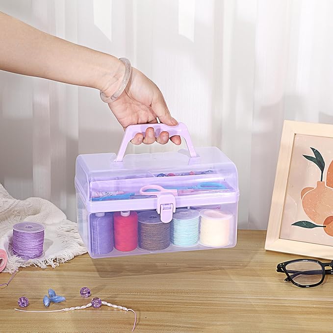 BTSKY Multipurpose Plastic Craft Storage Containers with Removable Tray, Clear Plastic Storage Box with Lid & Handle, Easy Carry & Stack Small Storage Container, 8.5x5x4.9 Inch, Rectangle-Purple