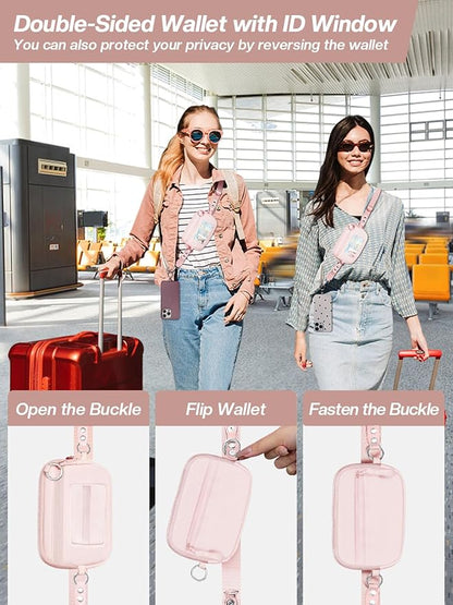Tiostep Clip and Go Strap for Phone with Wallet Crossbody Phone Lanyard Adjustable and Detachable RFID Wristlet Wallet with ID Window and Zipper, Pink Large