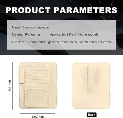 Dickno Small Leather Car Sun Visor Organizer, Multifunctional Auto Visor Document Holder with Sunglasses Clip, Universal Car Interior Organizer for Drving License, Card, Pen (Beige)
