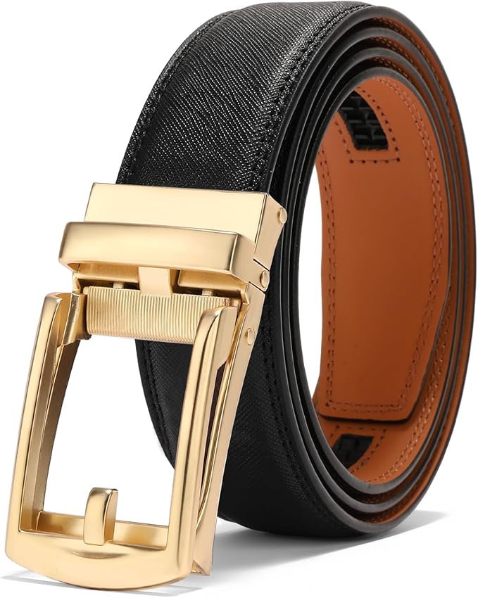 GAEKEAO Ratchet Belt for Men Genuine Leather 1 3/8" - Micro-Adjust Buckle Trim to Fit Dress Belt Casual to Formal Gift Boxed