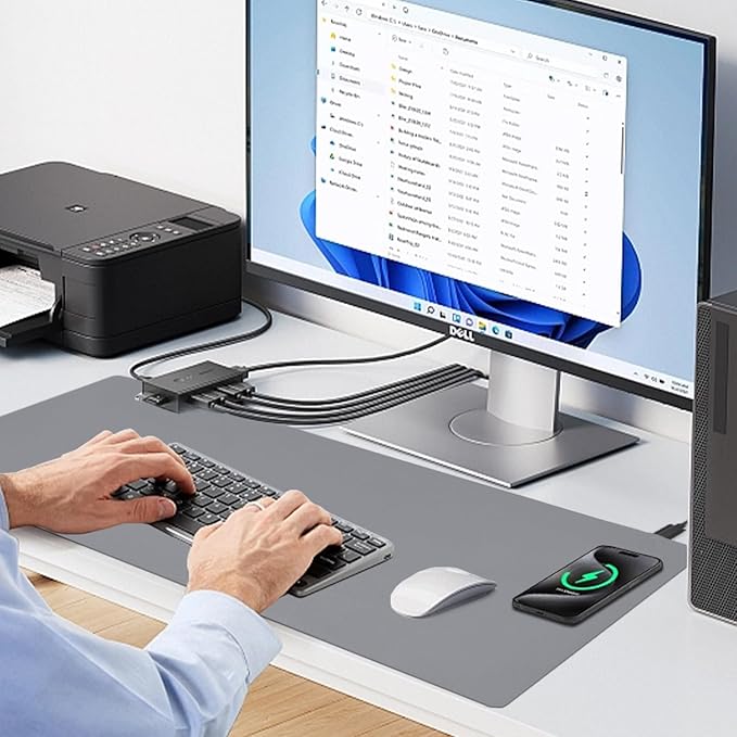 Desk Mat with Wireless Charging, Grey Mouse Pad with Wireless Charger, Desk Pad Matt for Desktop, Mousepad Gaming Large Mouse Pad, Leather Compute for Keyboard and Mouse, 32" x 16"