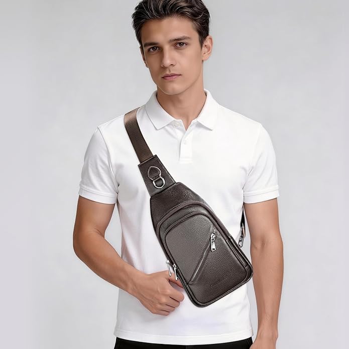 Leather Sling Bag Crossbody Bags for Men, Chest Pack for Daily Travel Leisure Sport（Black/Brown）