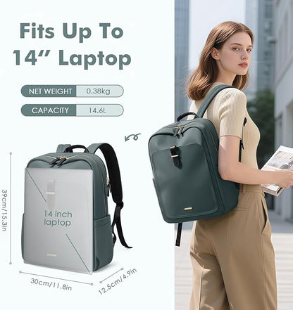 Laptop Backpack for Women,Casual Work Business Backpacks Purse Carry on Travel Backpack,14 Inch,Dark Green