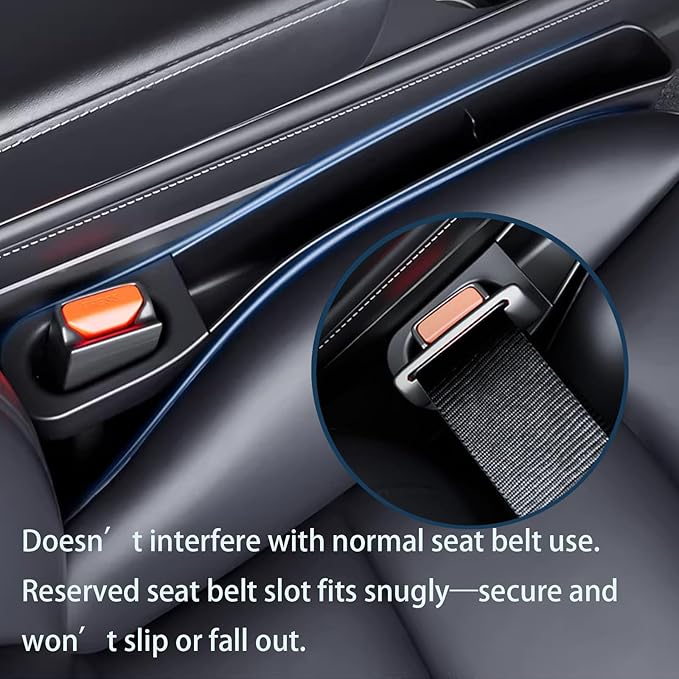 Car Seat Gap Filler Organizer for Tesla Model Y Juniper & Model 3 Highland, TPE Seat Gap Plug with Storage Slot, Seat Belt Slot, No-Drop, Black, 2-Pack