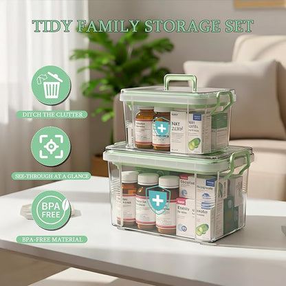 ANYPROLUS 2 Pack Clear Medicine Organizer Box with Handle, Plastic Medicine Container with Tray First Aid Box Empty, Thickened Medicine Storage Organizer Multipurpose Medication Organizer Storage